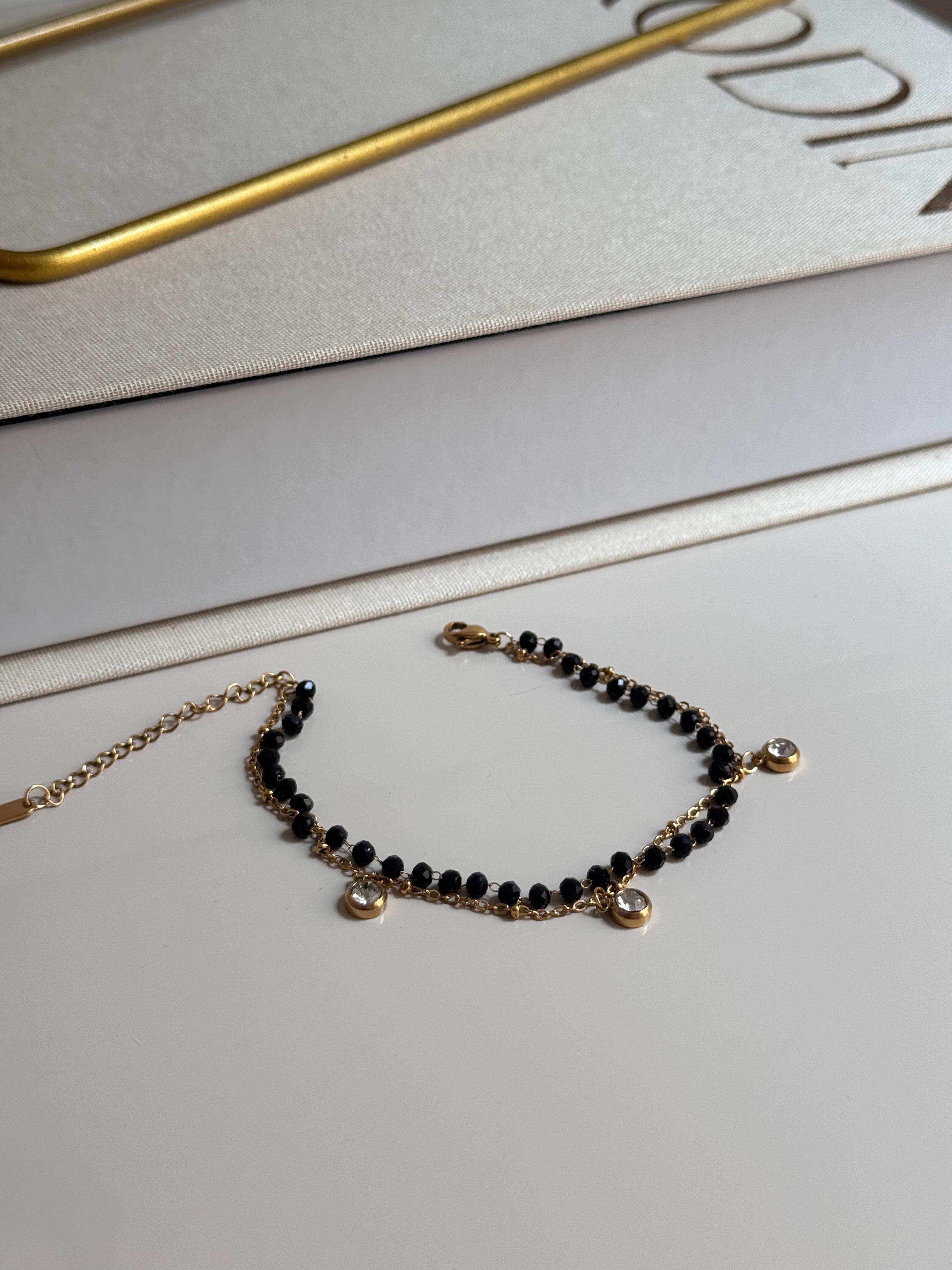 Gold Dangling Black Bead Bracelet