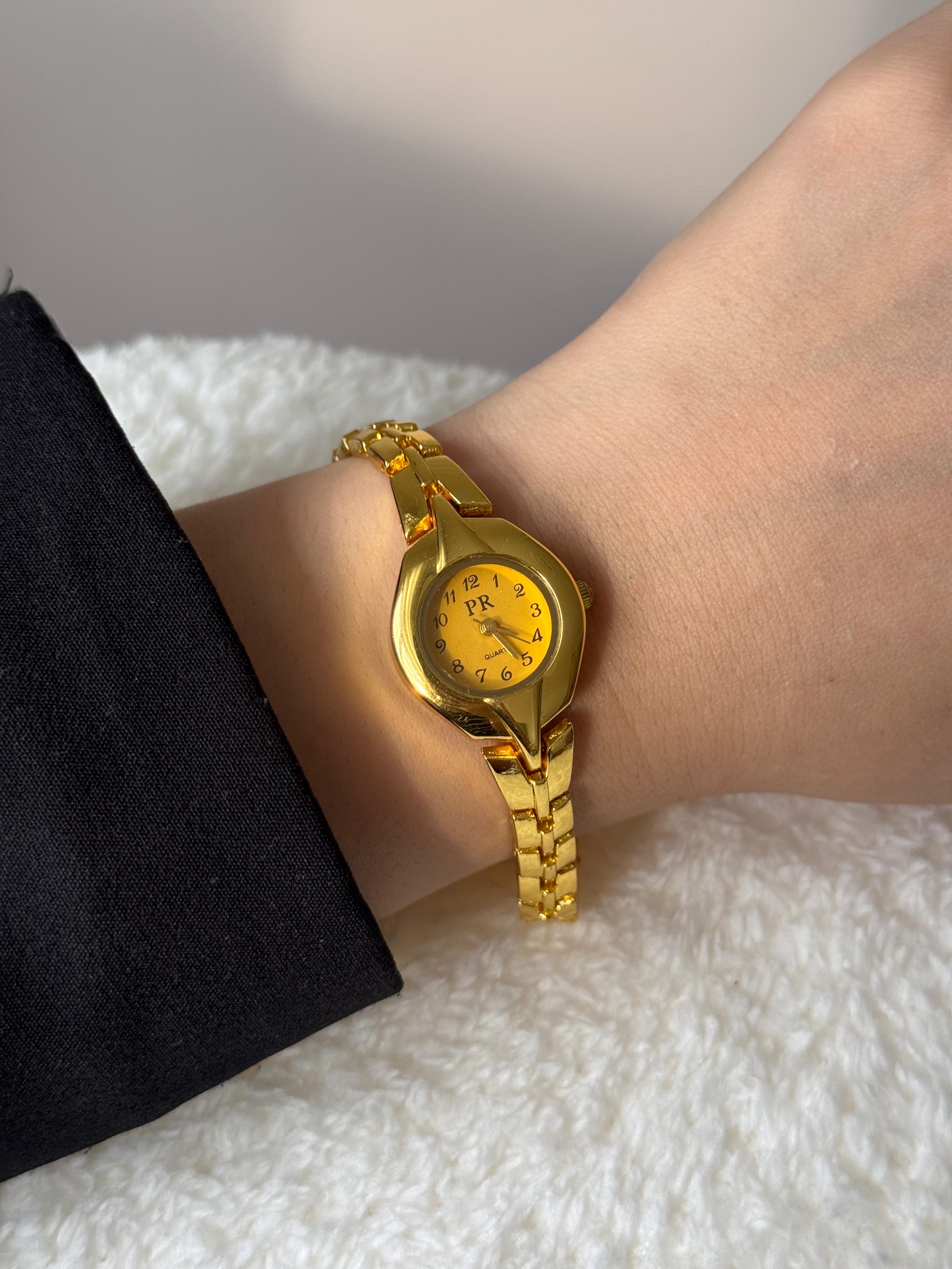 Altın Renk Yuvarlak Kasa Zincir Bilezikli Minimal Çelik Kadın Kol Saati