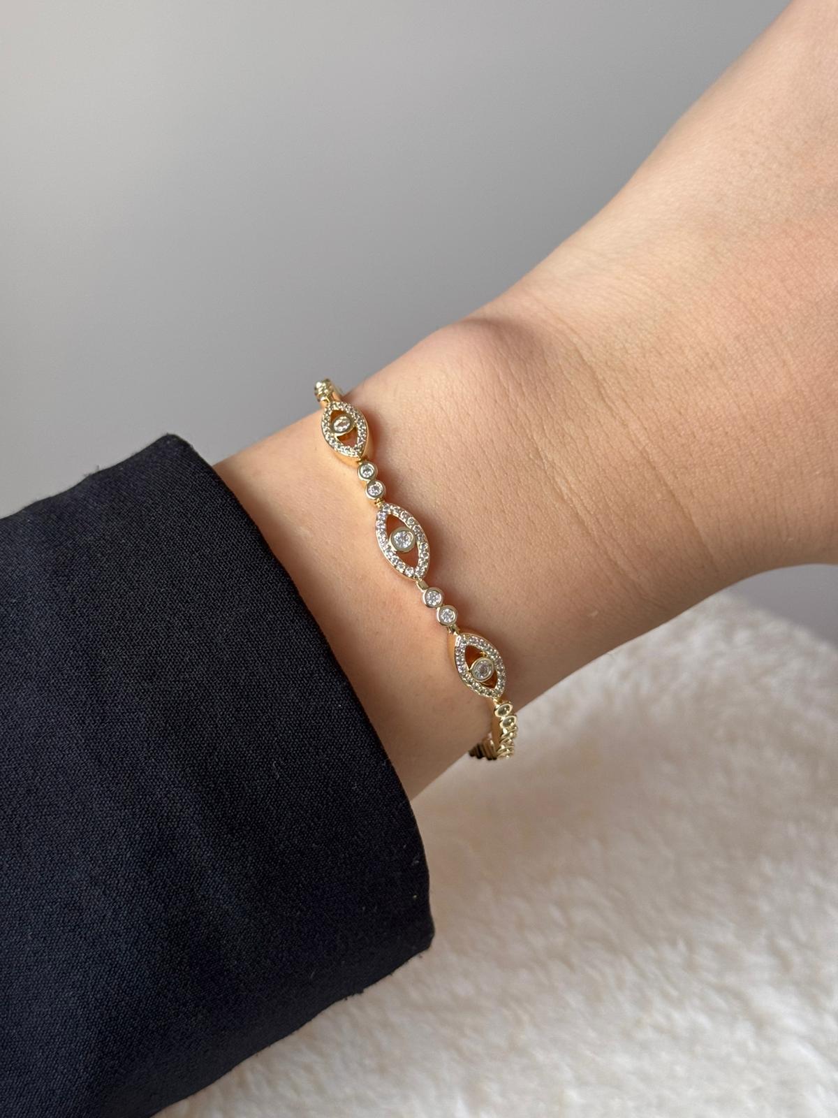 Altın Renk Taşlı Nazar Boncuğu Motifli Çelik Bileklik