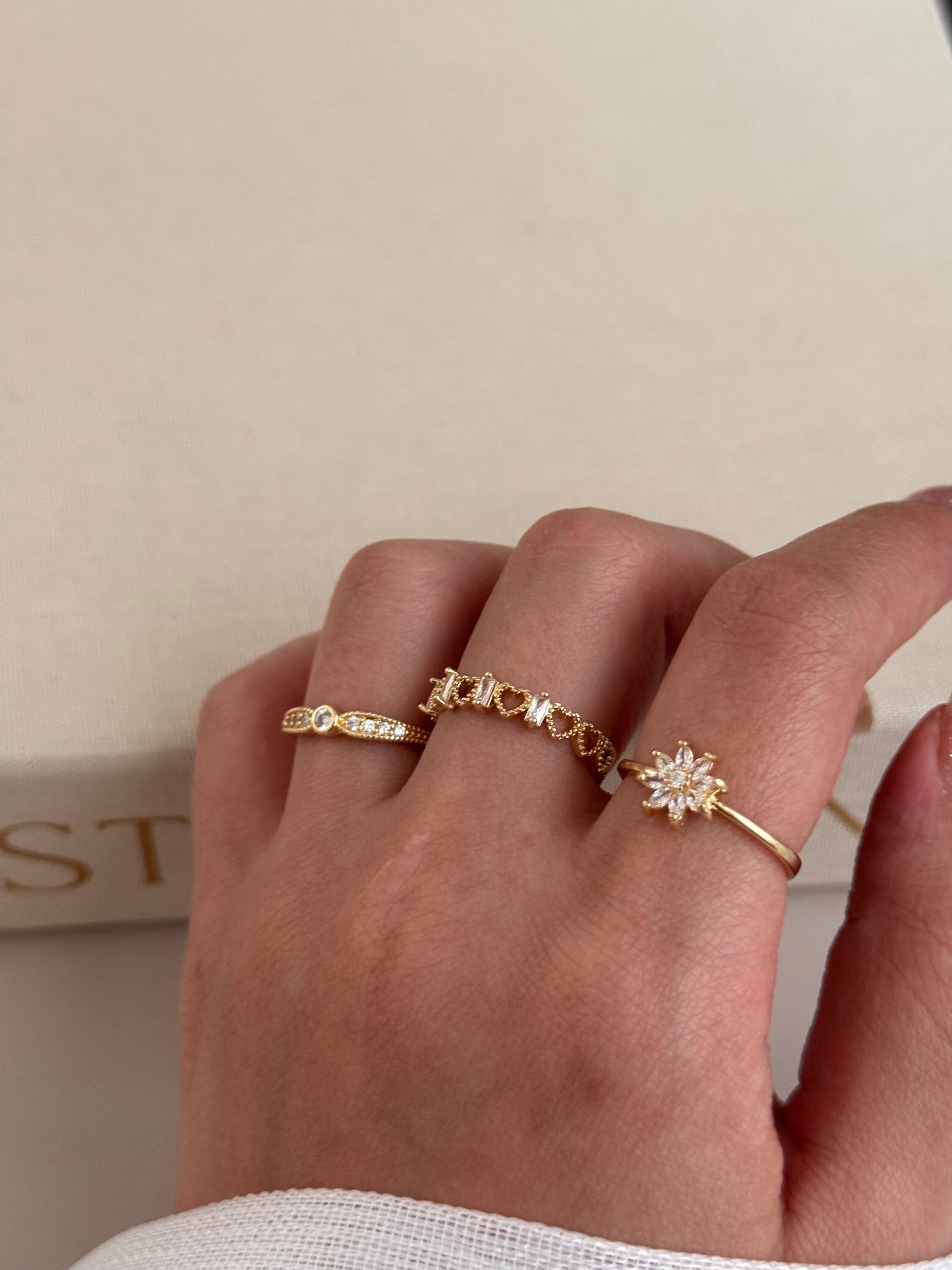 3’lü Ayarlanabilir Gold Taşlı Yüzük Seti – Kalp, Damla ve Çiçek Motifli