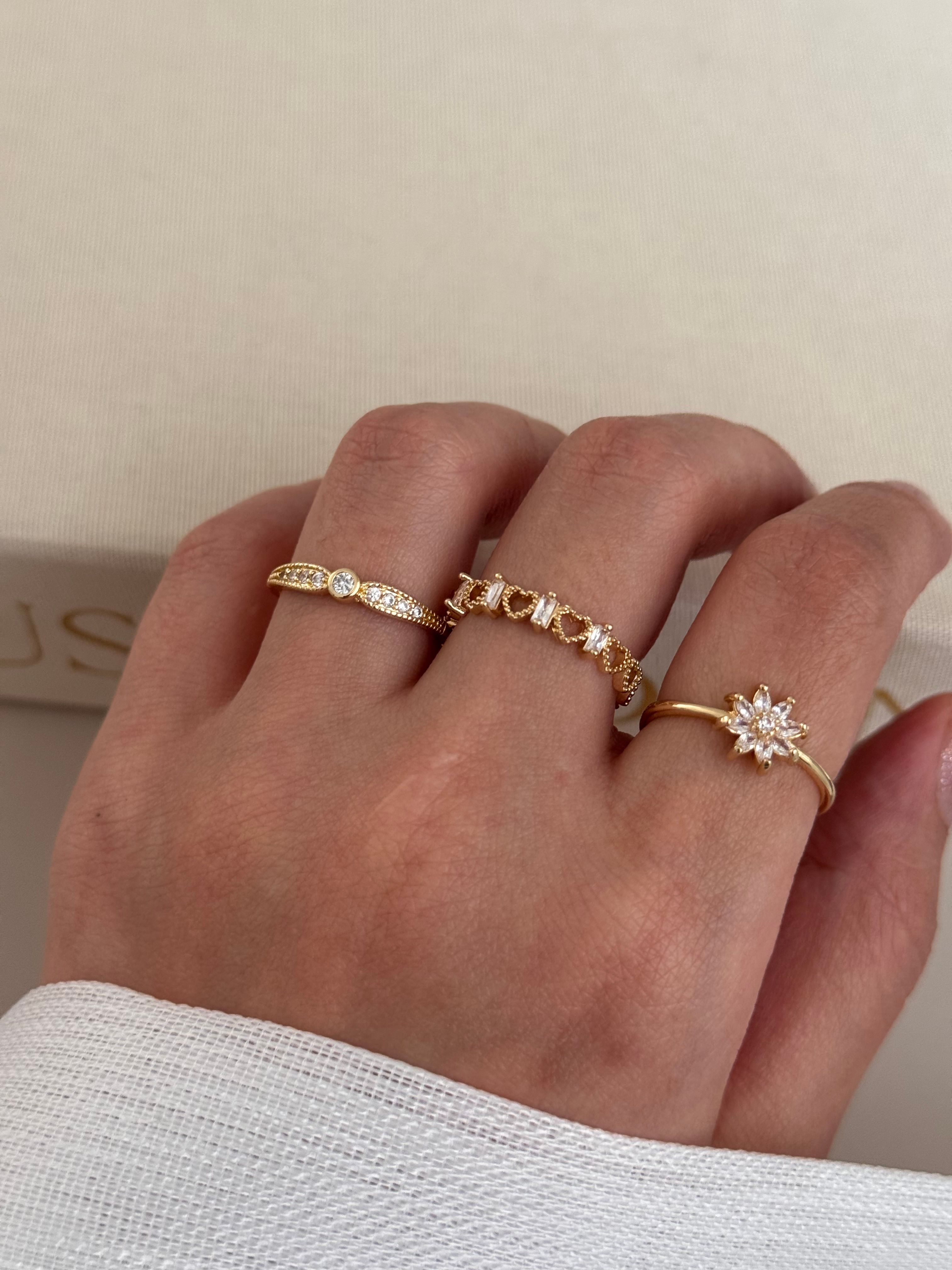 3’lü Ayarlanabilir Gold Taşlı Yüzük Seti – Kalp, Damla ve Çiçek Motifli