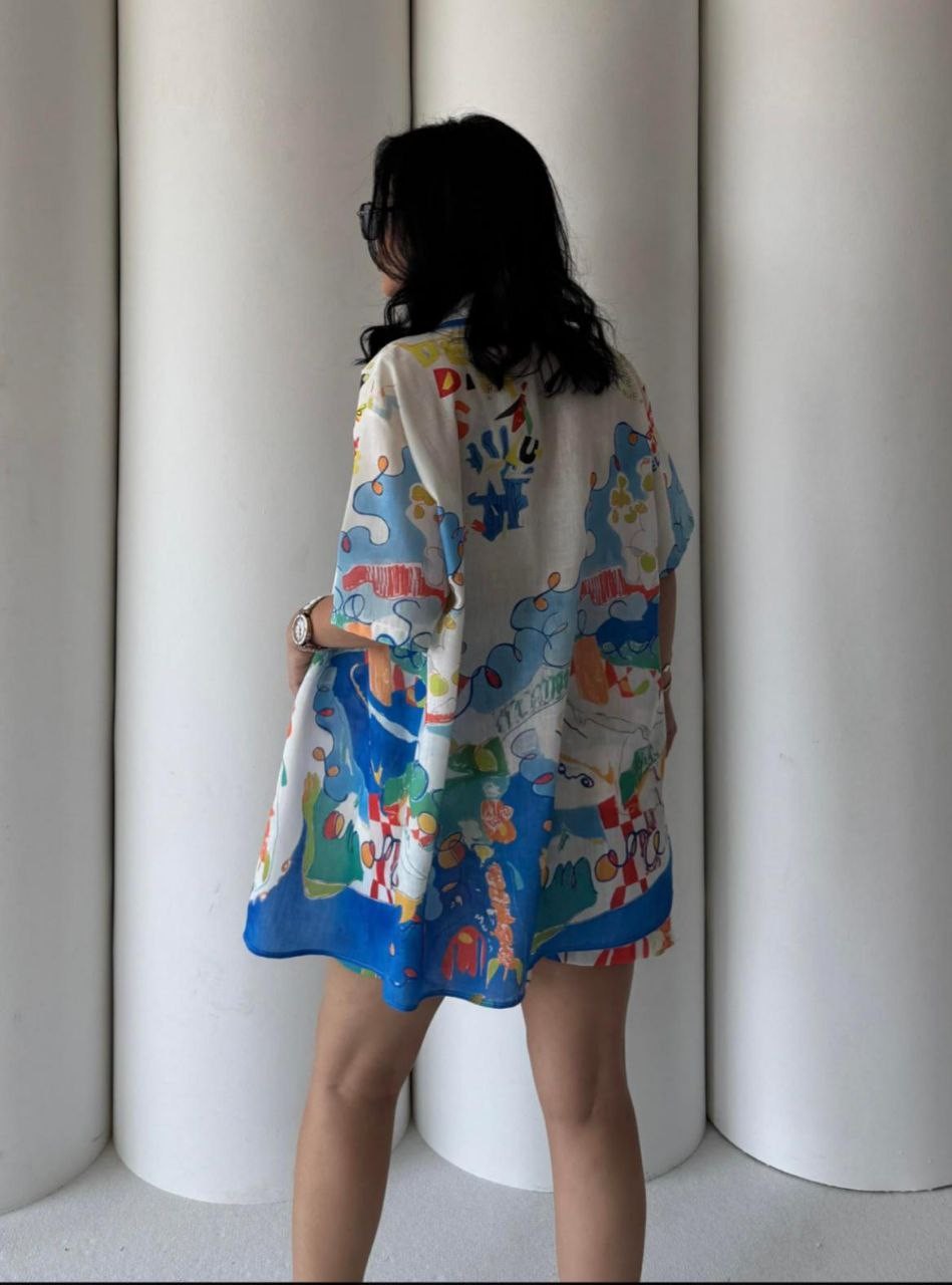 Yaz Teması Baskılı Keten Gömlek Şort Takım %80 Pamuk %15 Polyester %5 Elastan
