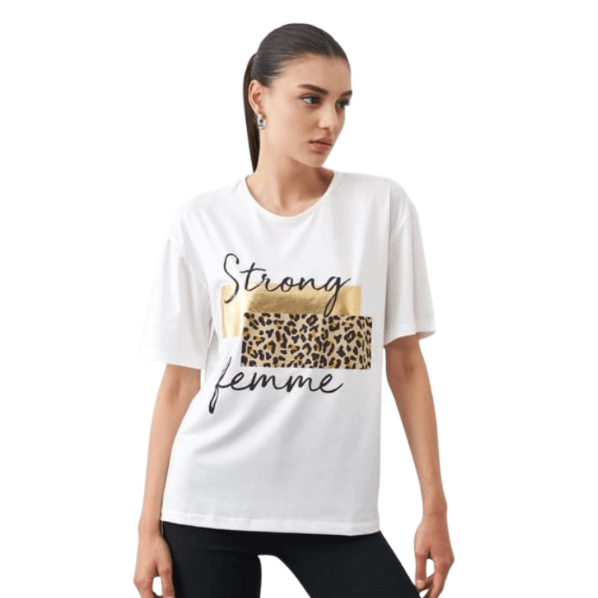 100% Pamuklu T-shirt Bisiklet yaka Baskılı-Relaxed Fit Leopar Varak Desenli - Beyaz