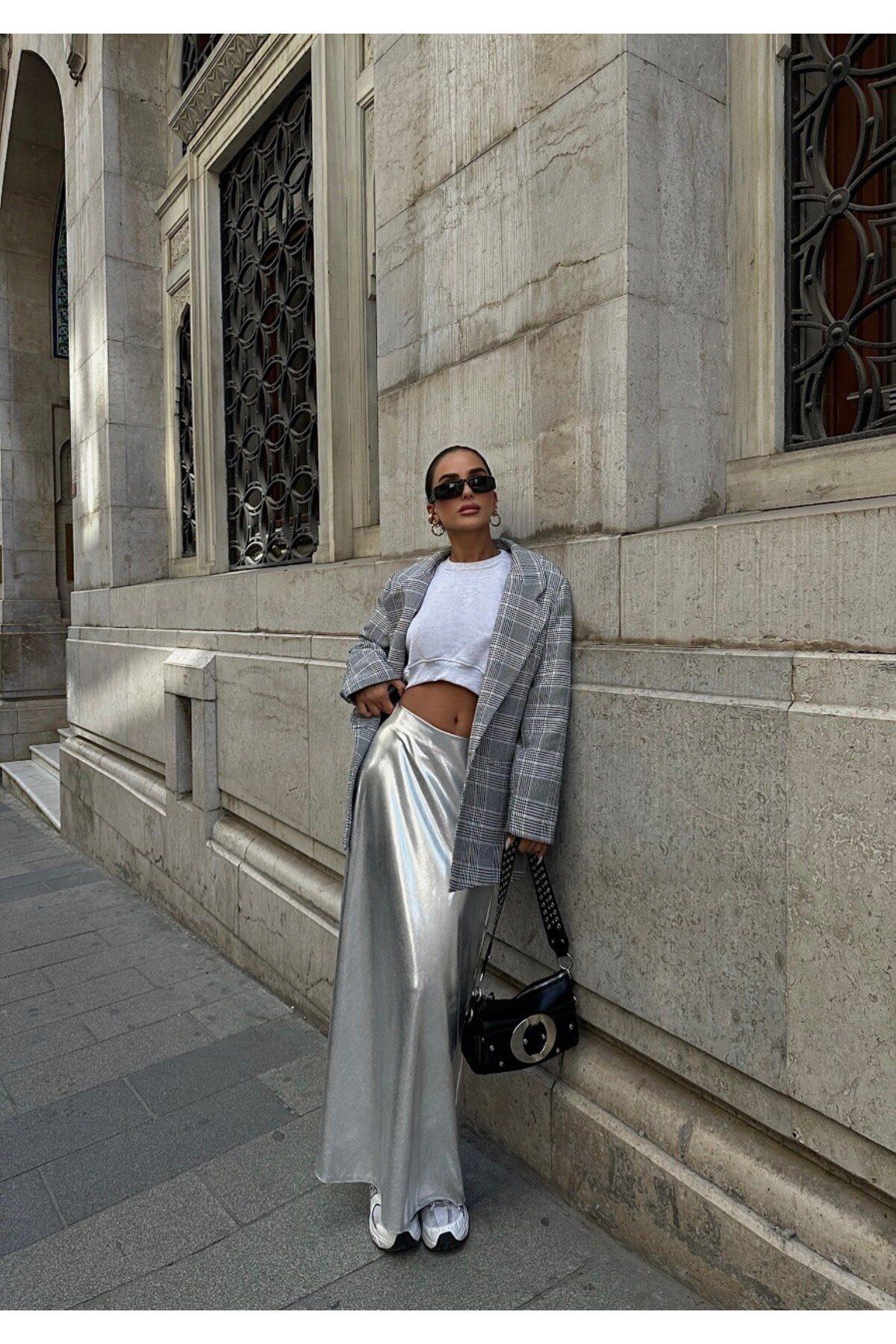 Silver Metalik Trendy Maxi Etek-Beli lastikli