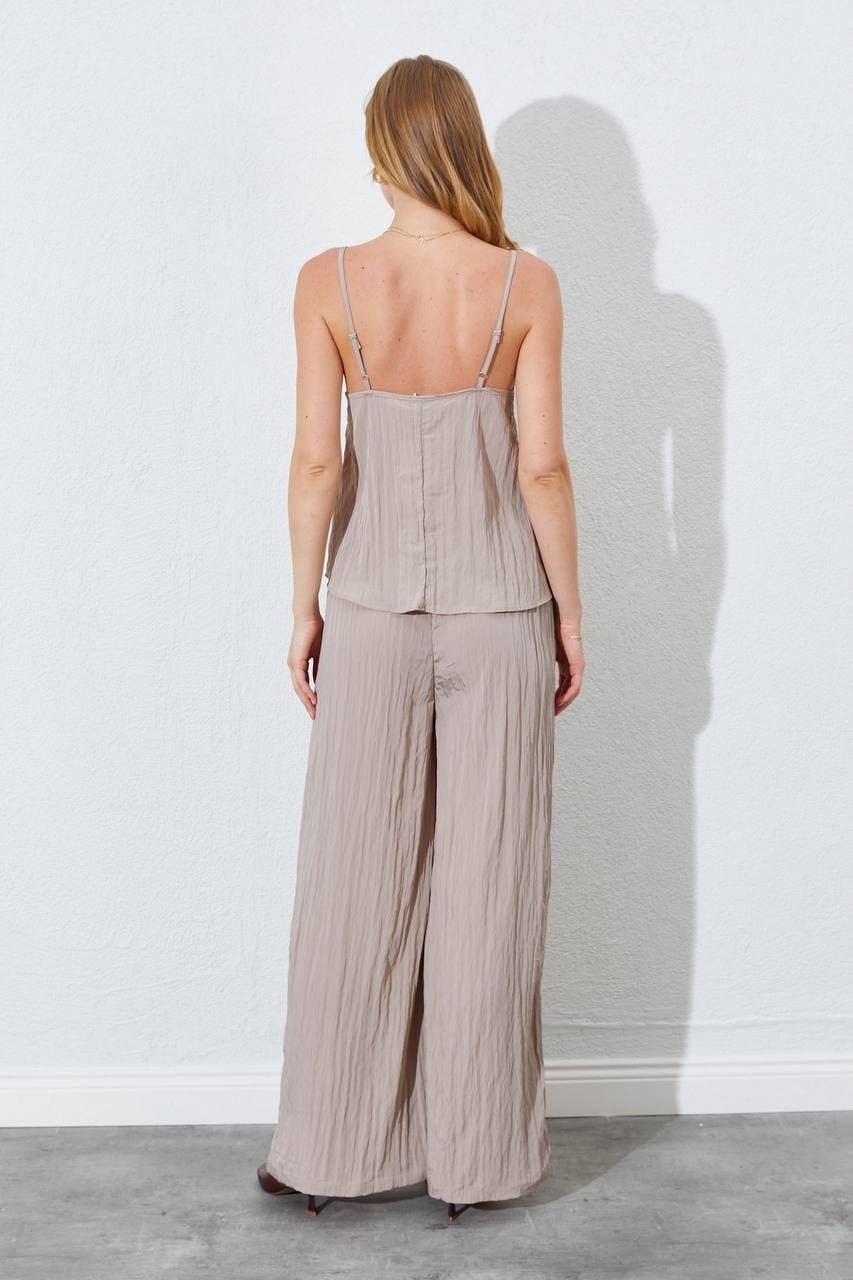 İnce Askılı Bluz-Pantolon Takım Kırışık Relaxed Fit - vizon
