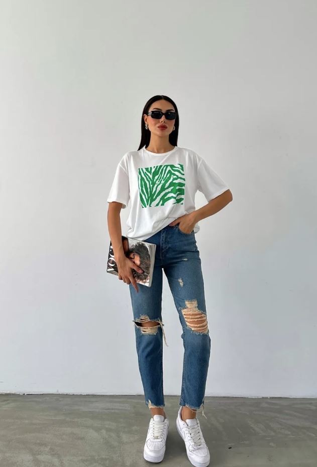 100% Pamuklu T-shirt Bisiklet yaka Baskılı-Relaxed Fit Yeşil Joyful baskılı - Beyaz