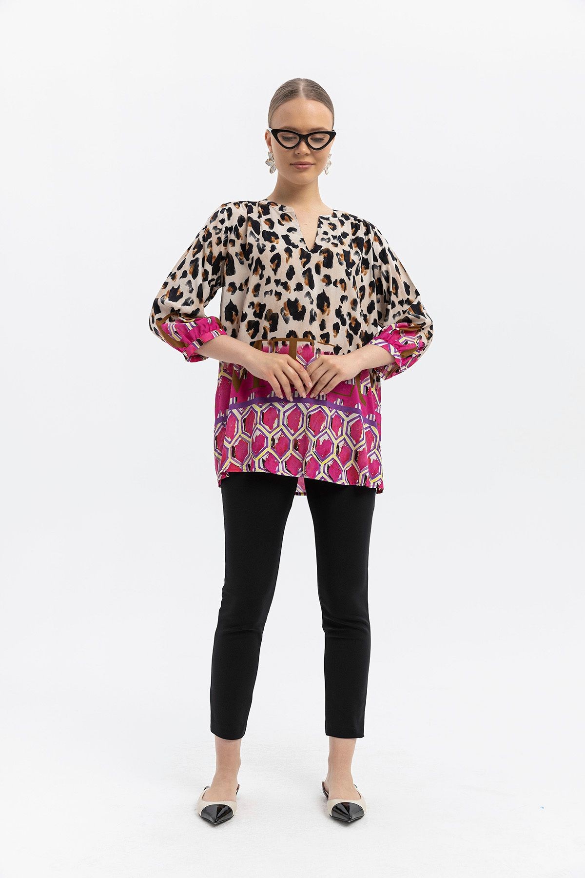 %100 Viskon Desen Geçişli Oversize Bluz – Leopar & Geometrik Desen