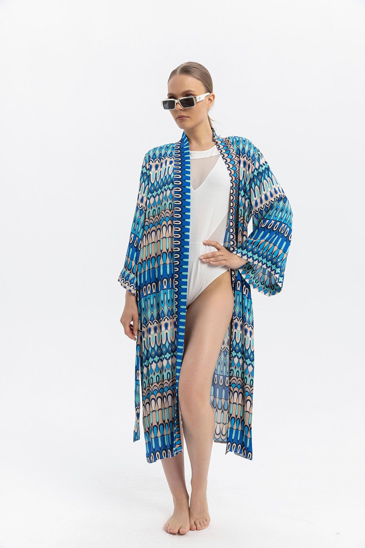 %100 Viskon Desenli Saten Premium Kimono – Kuşaklı & Uzun - çok renkli