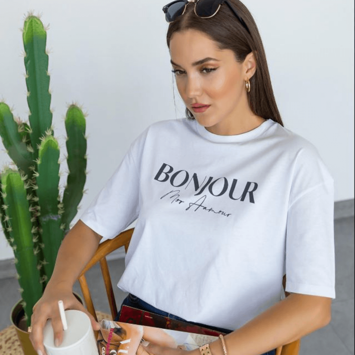 100% Pamuklu T-shirt Bisiklet yaka Baskılı-Relaxed Fit-Bonjour baskılı - Beyaz