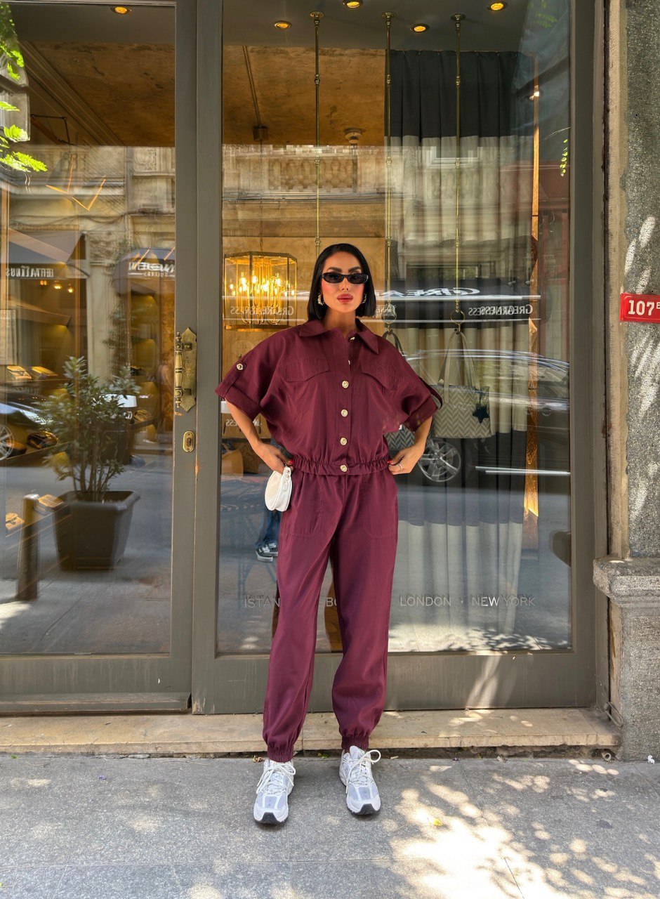 Urban Glow Gold Düğme Detaylı Lastikli Rahat Takım - Bordo