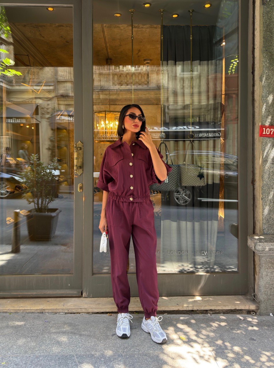 Urban Glow Gold Düğme Detaylı Lastikli Rahat Takım - Bordo