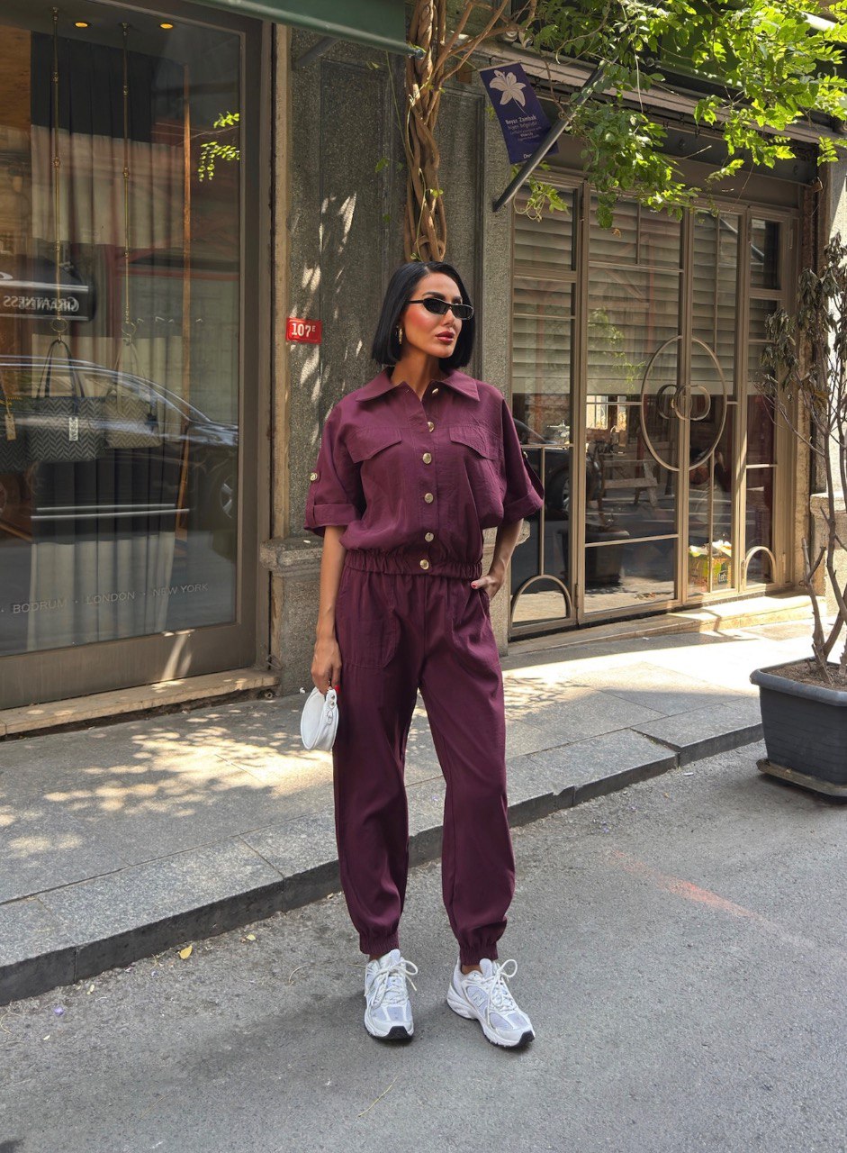Urban Glow Gold Düğme Detaylı Lastikli Rahat Takım - Bordo