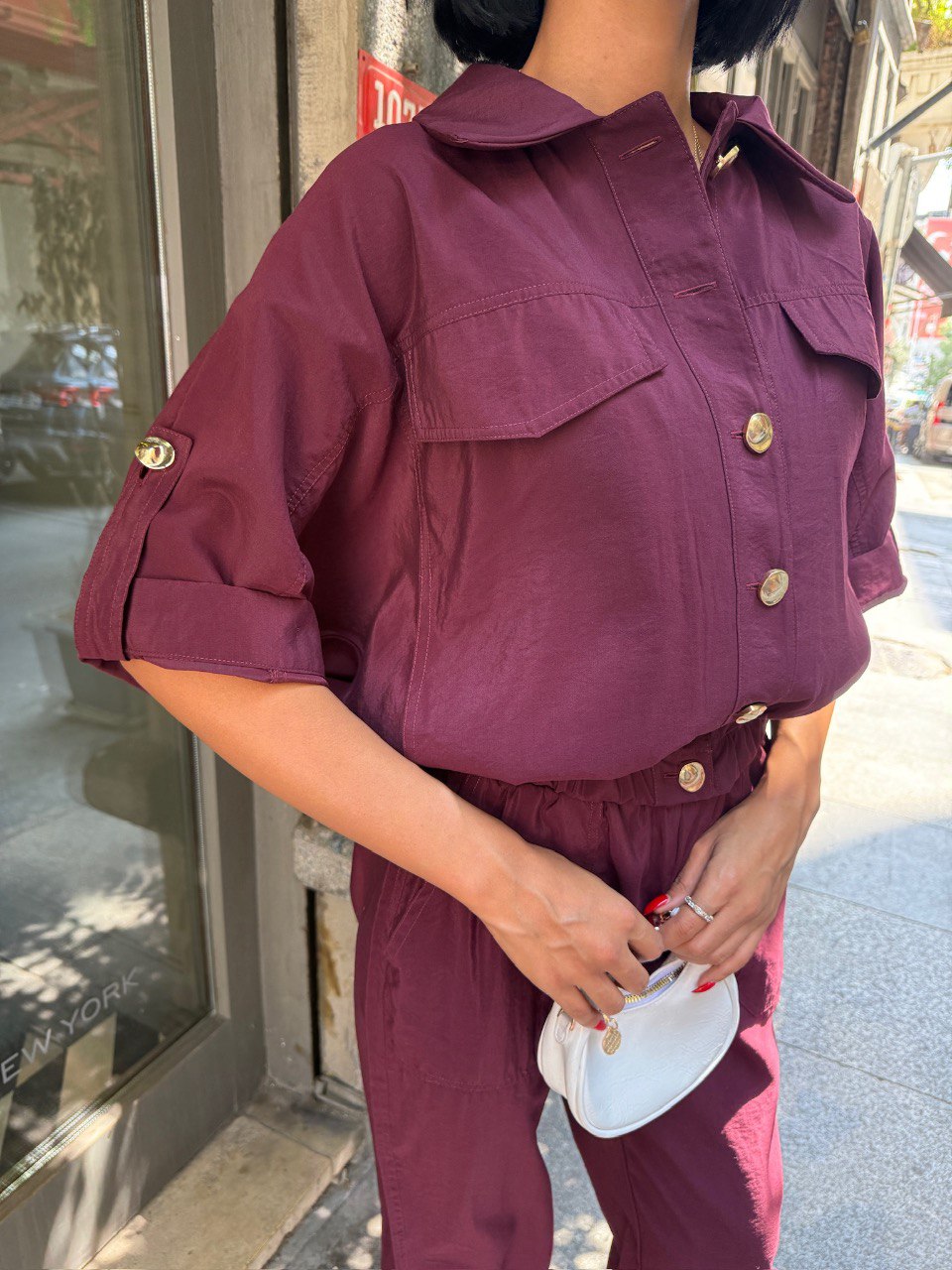 Urban Glow Gold Düğme Detaylı Lastikli Rahat Takım - Bordo