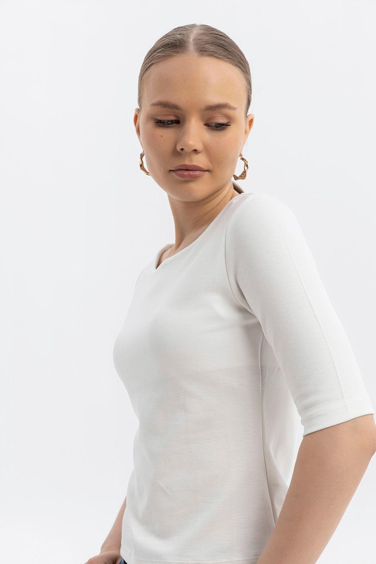 Kayık yaka Cloudtouch yumuşak Basic dar Kısakol T-shirt