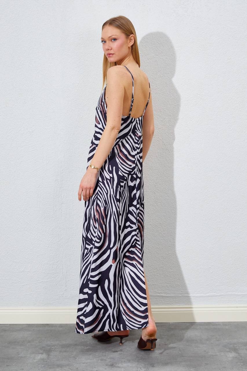 İnce Askılı Saten Elbise-Zebra desenli