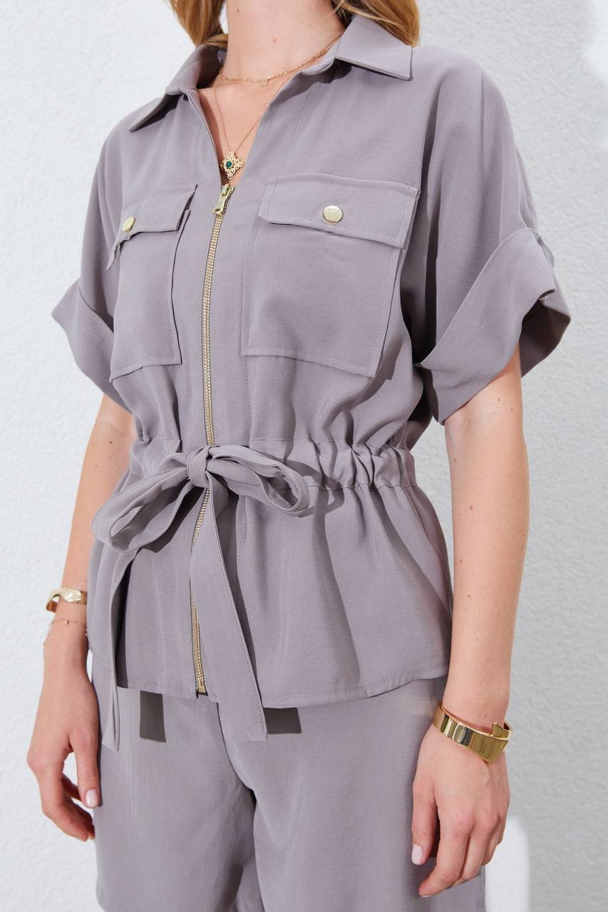 Gabardin Bluz - Ceket-Duble Kol Çift Kuşaklı Fermuarlı - vizon