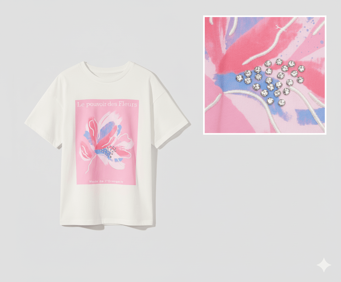 100% Pamuklu T-shirt Bisiklet yaka Flower Baskılı Taş süslemeli