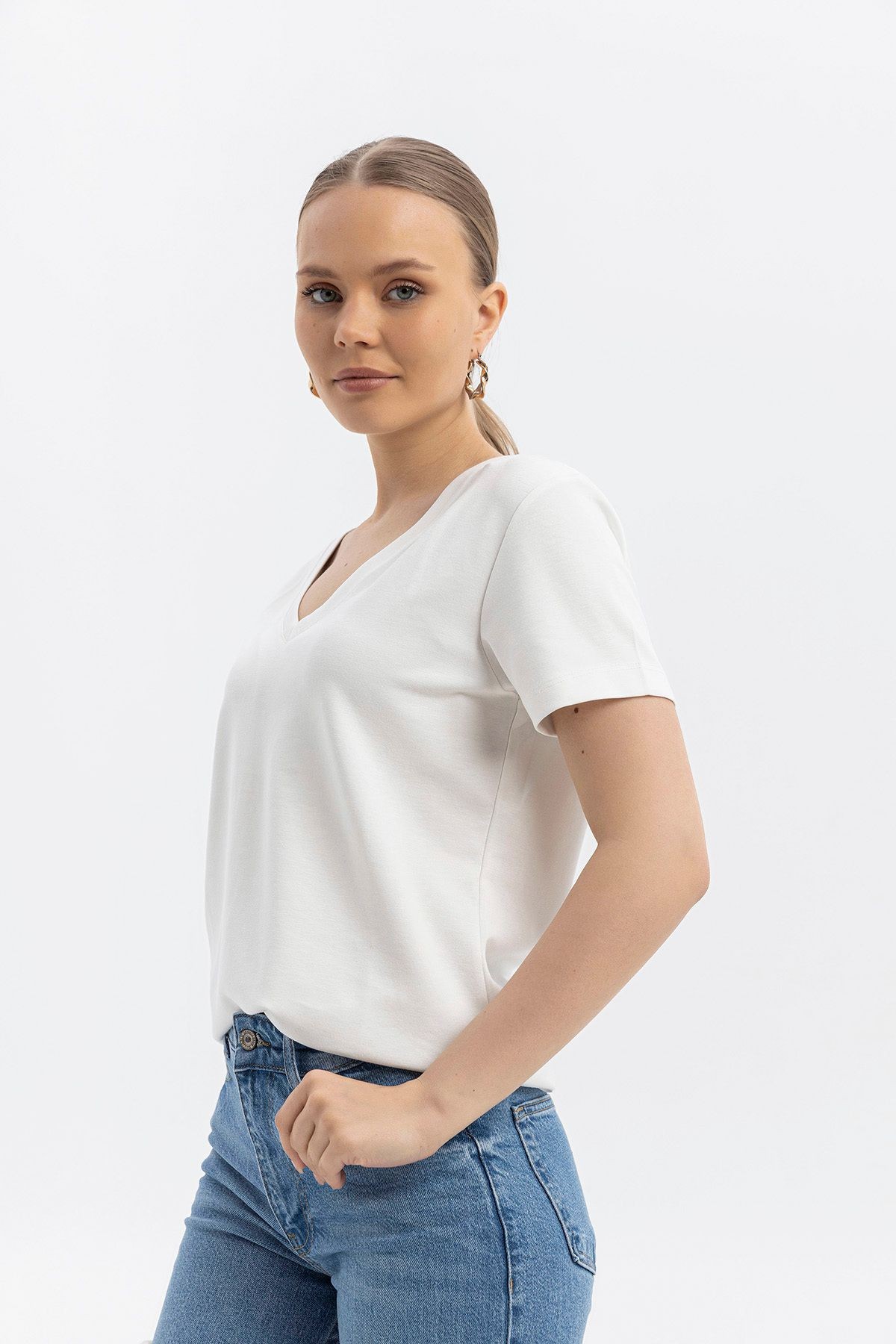 V yaka Cloudtouch yumuşak Basic Kısakol T-shirt