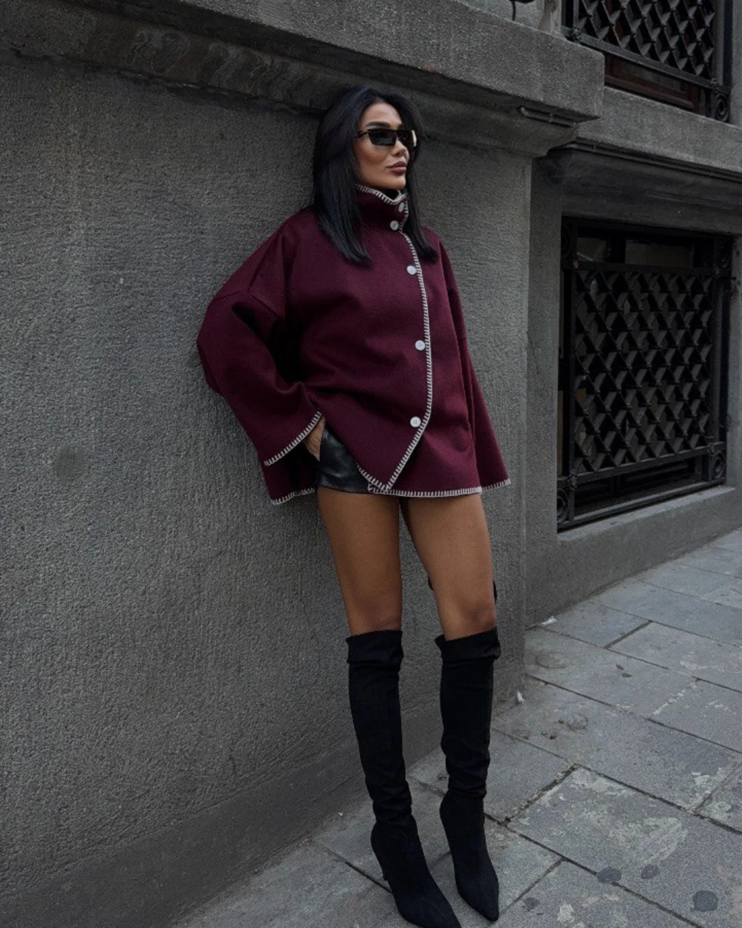 Dik Yaka Kaşe Ceket Dikiş Detaylı  - Bordo