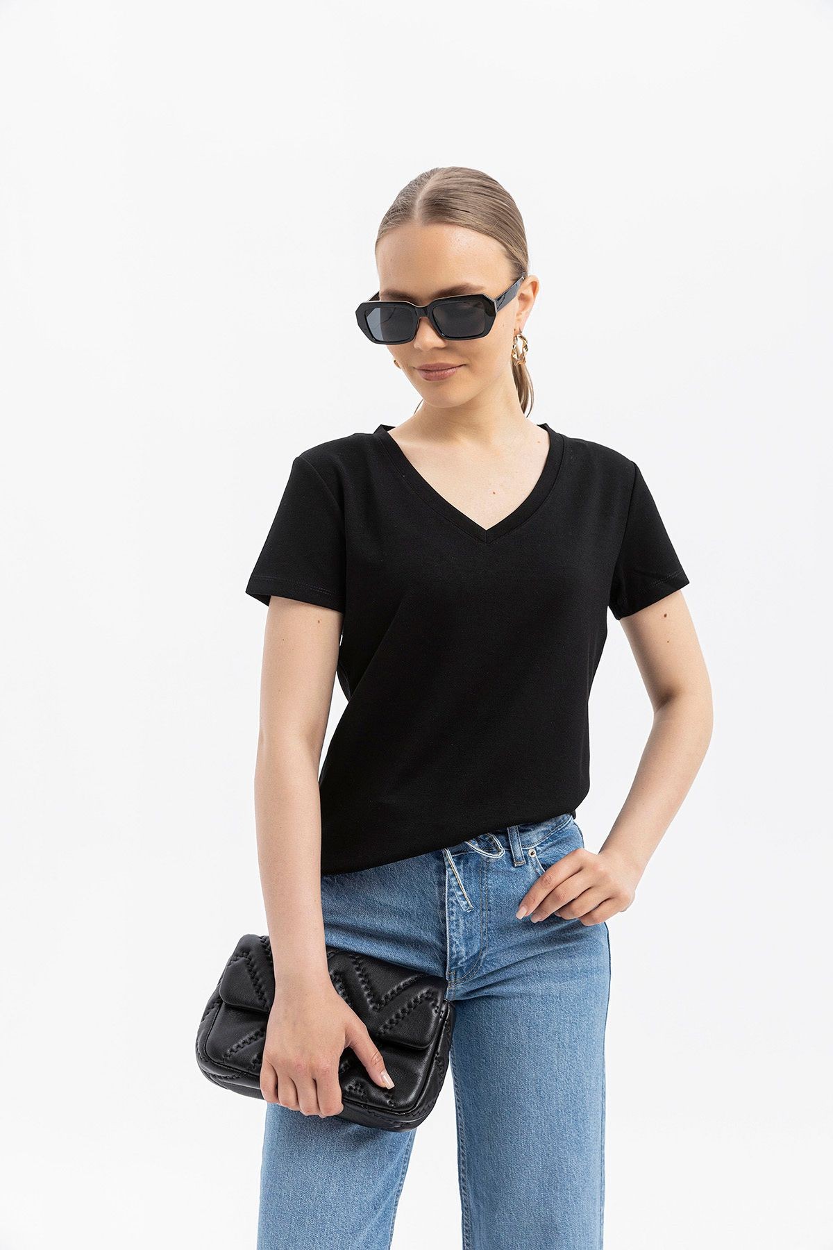 V yaka Cloudtouch yumuşak Basic Kısakol T-shirt - siyah