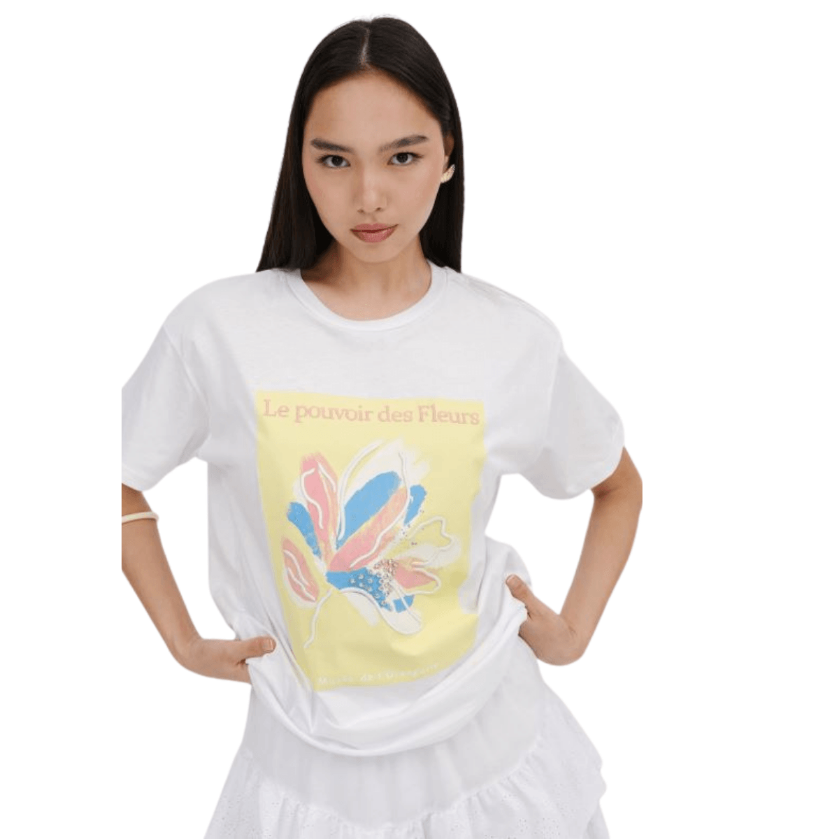 100% Pamuklu T-shirt Bisiklet yaka Flower Baskılı Taş süslemeli - Sarı
