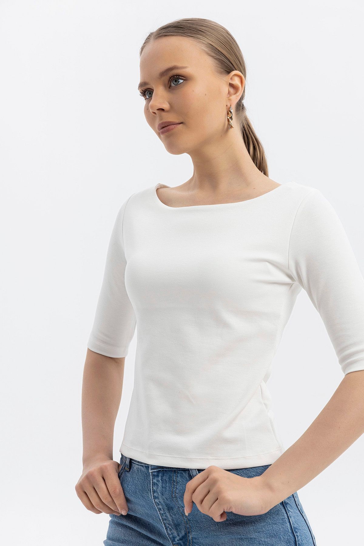 Kayık yaka Cloudtouch yumuşak Basic dar Kısakol T-shirt - BEYAZ