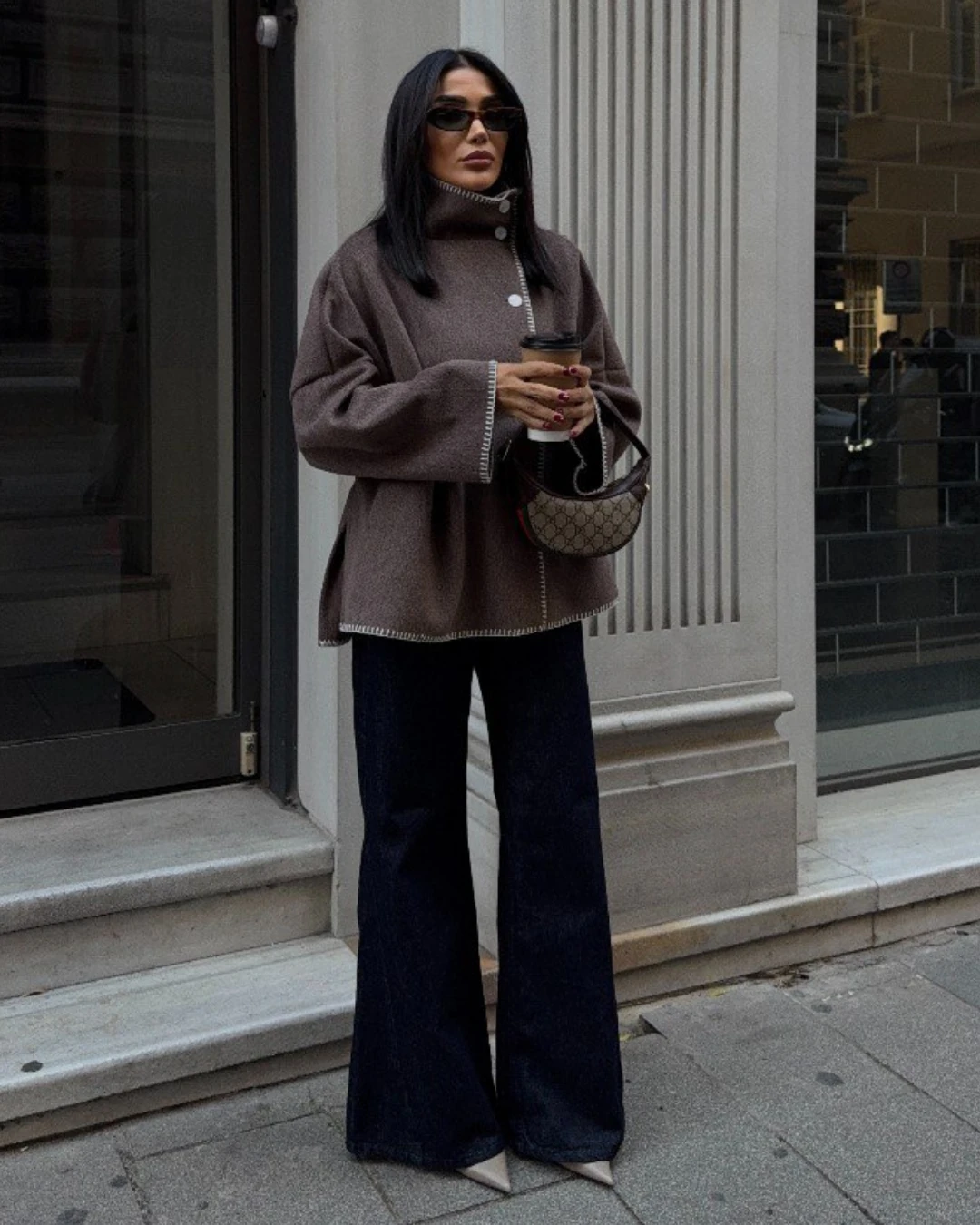 Dik Yaka Kaşe Ceket Dikiş Detaylı 