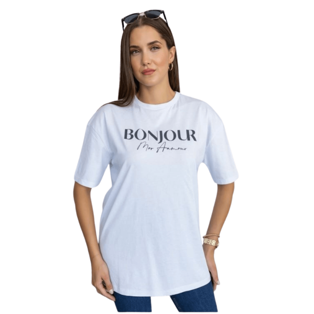 100% Pamuklu T-shirt Bisiklet yaka Baskılı-Relaxed Fit-Bonjour baskılı - Beyaz