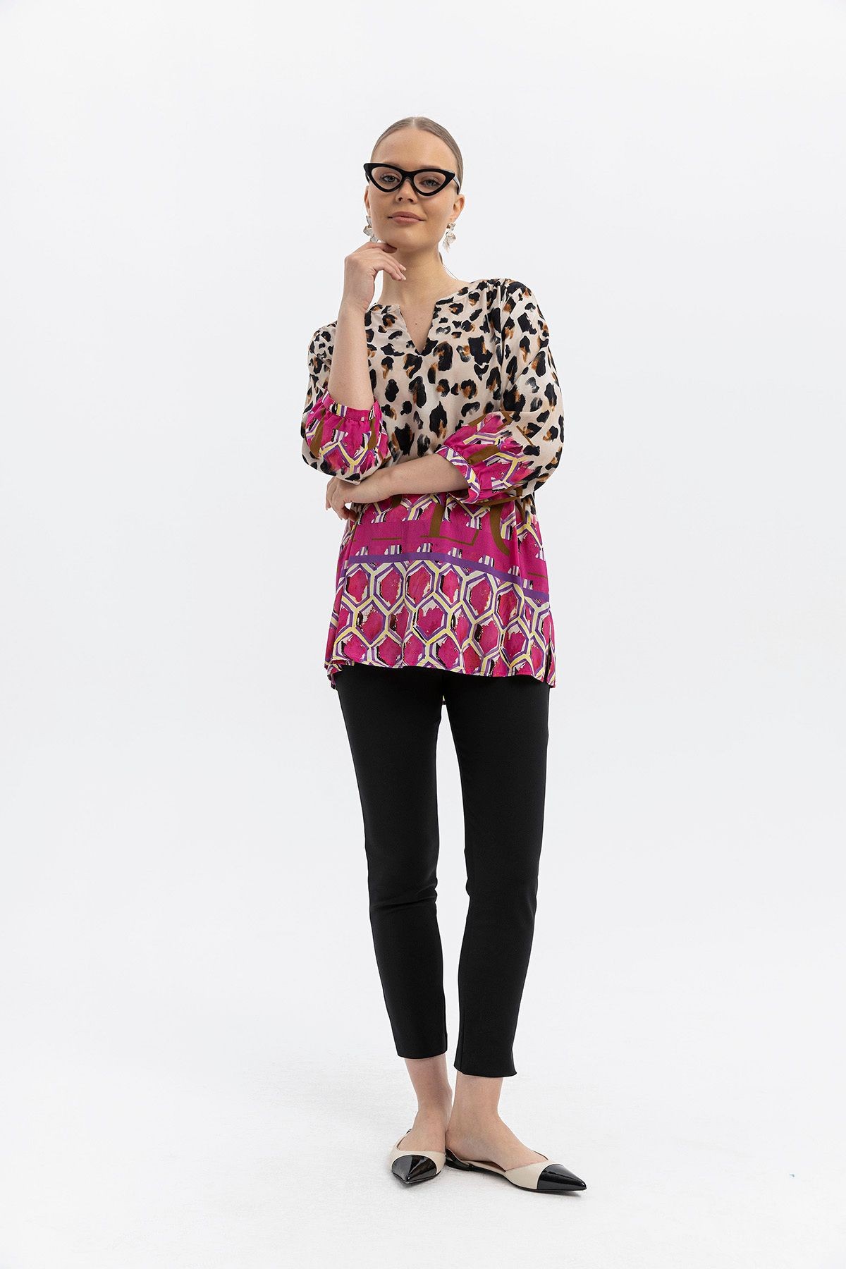 %100 Viskon Desen Geçişli Oversize Bluz – Leopar & Geometrik Desen