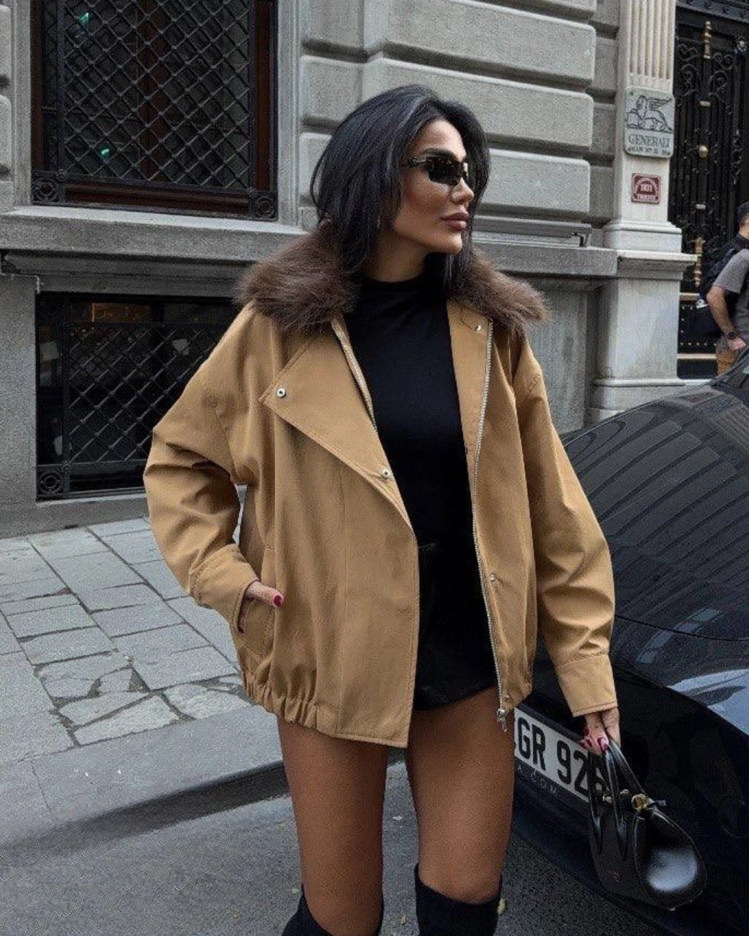 Yakası Kürklü Parka Bomber Ceket - Bej