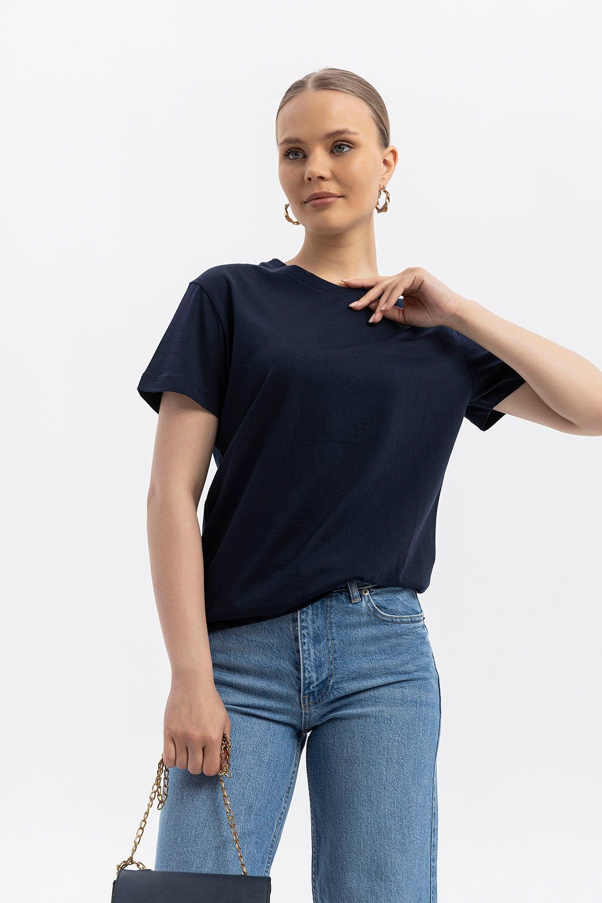 Bisiklet yaka Pamuklu normal fit Basic Kısakol T-shirt LACİVERT