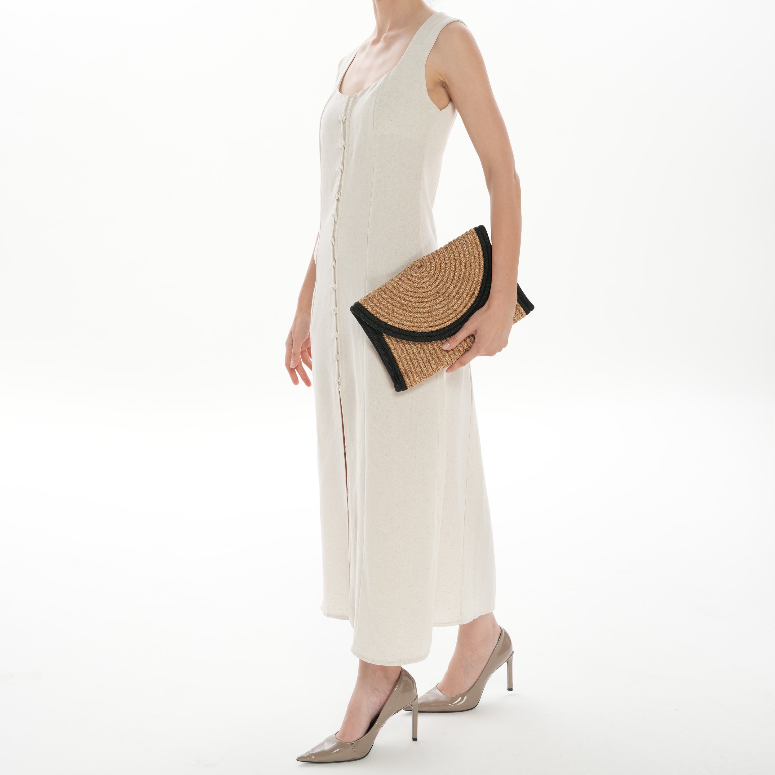 Biye Detaylı Hasır Görünümlü Clutch Çanta – El Geçmeli, Yazlık Model - siyah