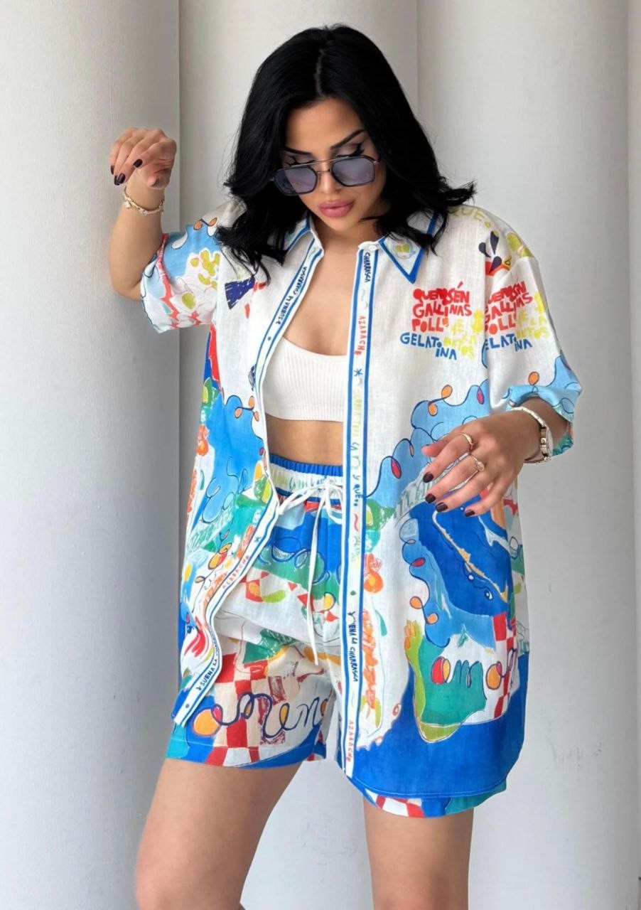 Yaz Teması Baskılı Keten Gömlek Şort Takım %80 Pamuk %15 Polyester %5 Elastan