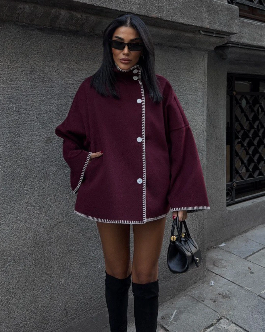 Dik Yaka Kaşe Ceket Dikiş Detaylı  - Bordo