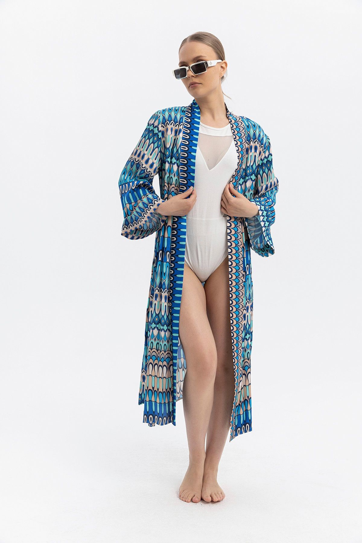 %100 Viskon Desenli Saten Premium Kimono – Kuşaklı & Uzun