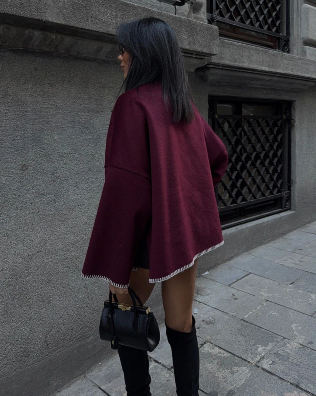 Dik Yaka Kaşe Ceket Dikiş Detaylı  - Bordo