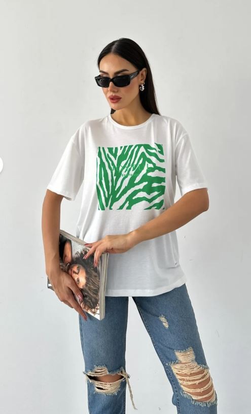 100% Pamuklu T-shirt Bisiklet yaka Baskılı-Relaxed Fit Yeşil Joyful baskılı - Beyaz