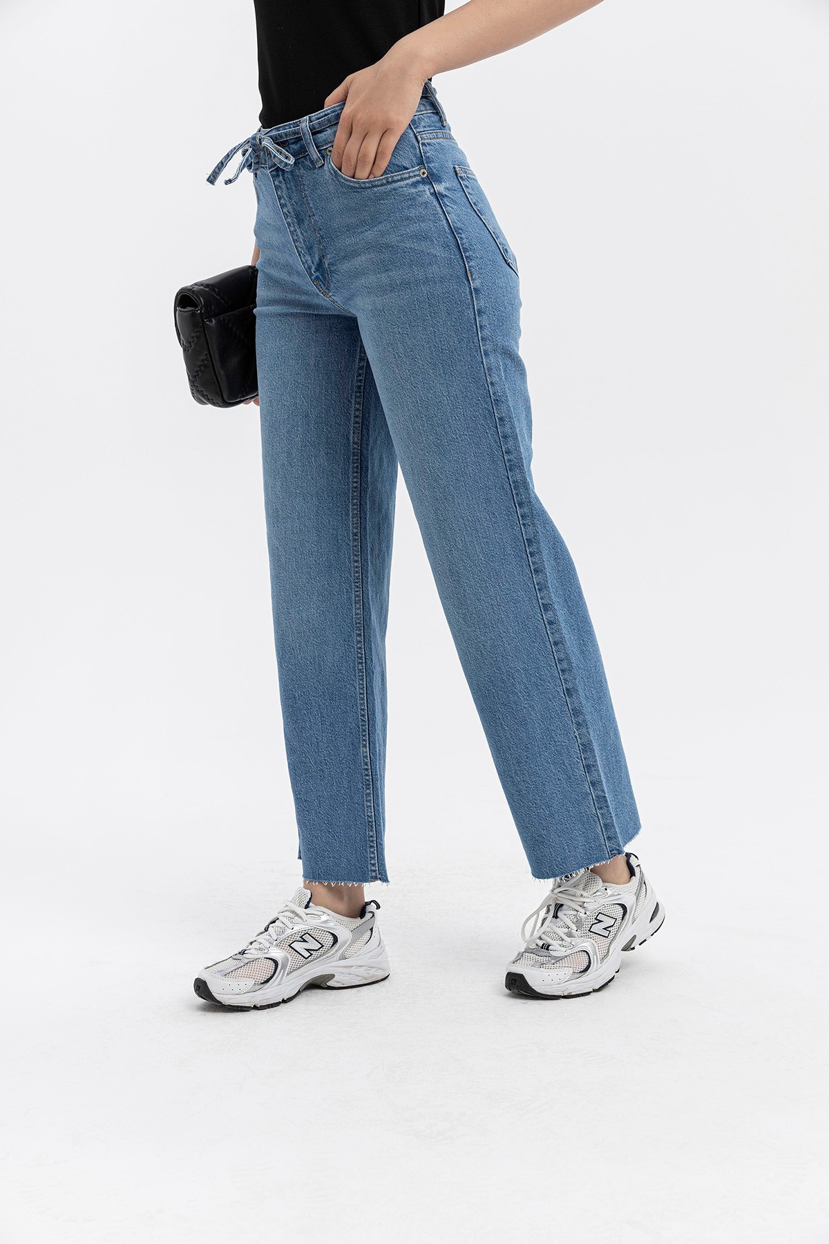 Beli kuşak detaylı, Kesik Paça Wide Leg Vintage Cut Jean Pantolon