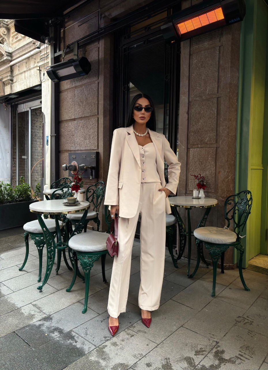 Büstiyerli Üçlü Takım-Straplez büstiyer-Ceket-Pantolon Takım - Krem