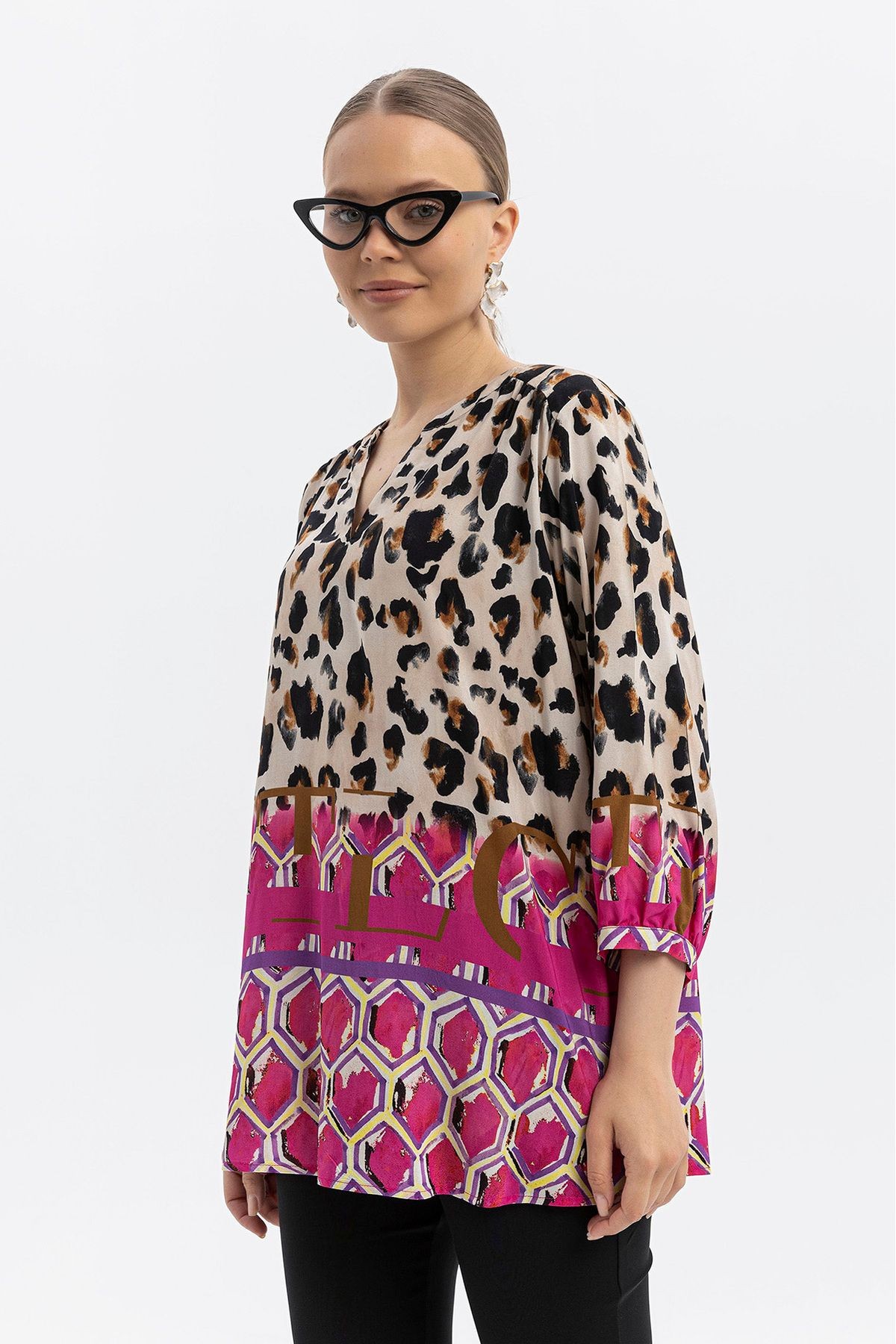 %100 Viskon Desen Geçişli Oversize Bluz – Leopar & Geometrik Desen - çok renkli