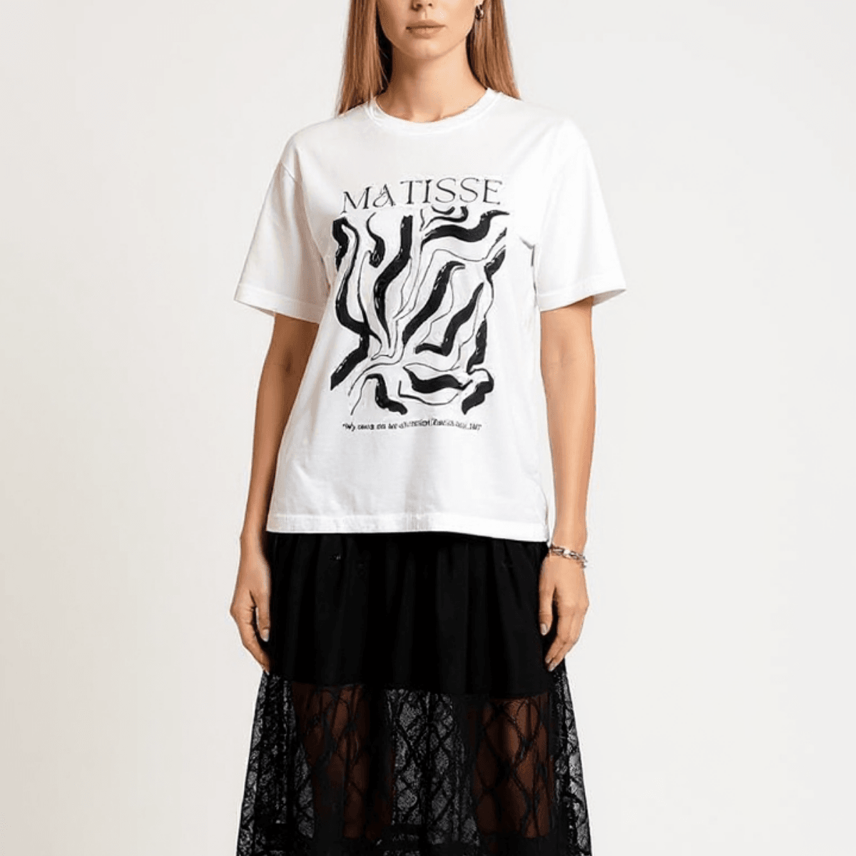 100% Pamuklu T-shirt Bisiklet yaka Baskılı-Relaxed Fit-Matisse Siyah beyaz baskılı - Beyaz