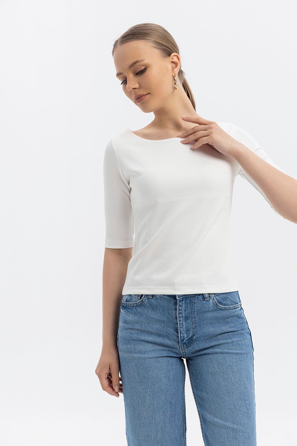 Kayık yaka Cloudtouch yumuşak Basic dar Kısakol T-shirt