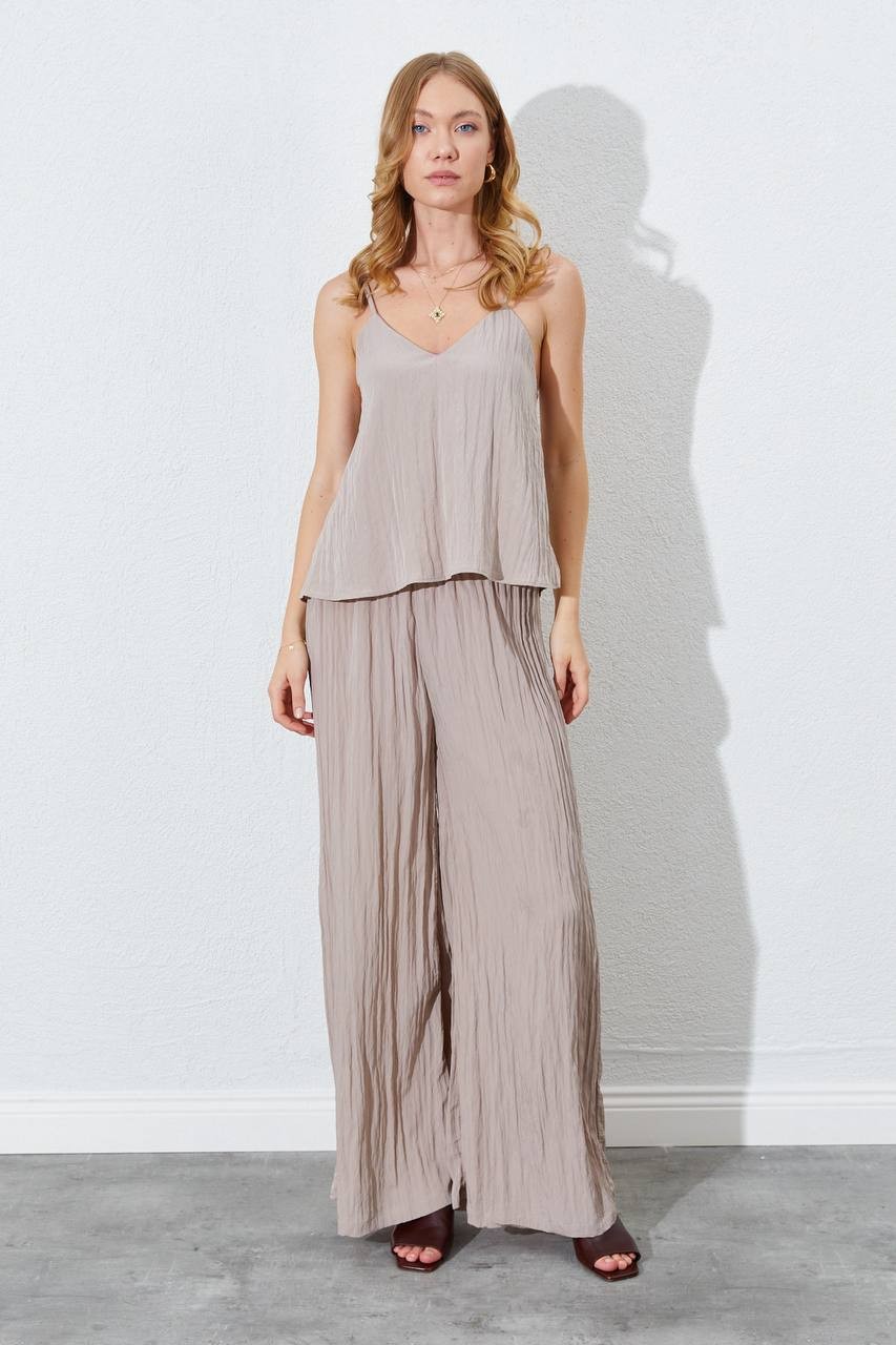 İnce Askılı Bluz-Pantolon Takım Kırışık Relaxed Fit - vizon