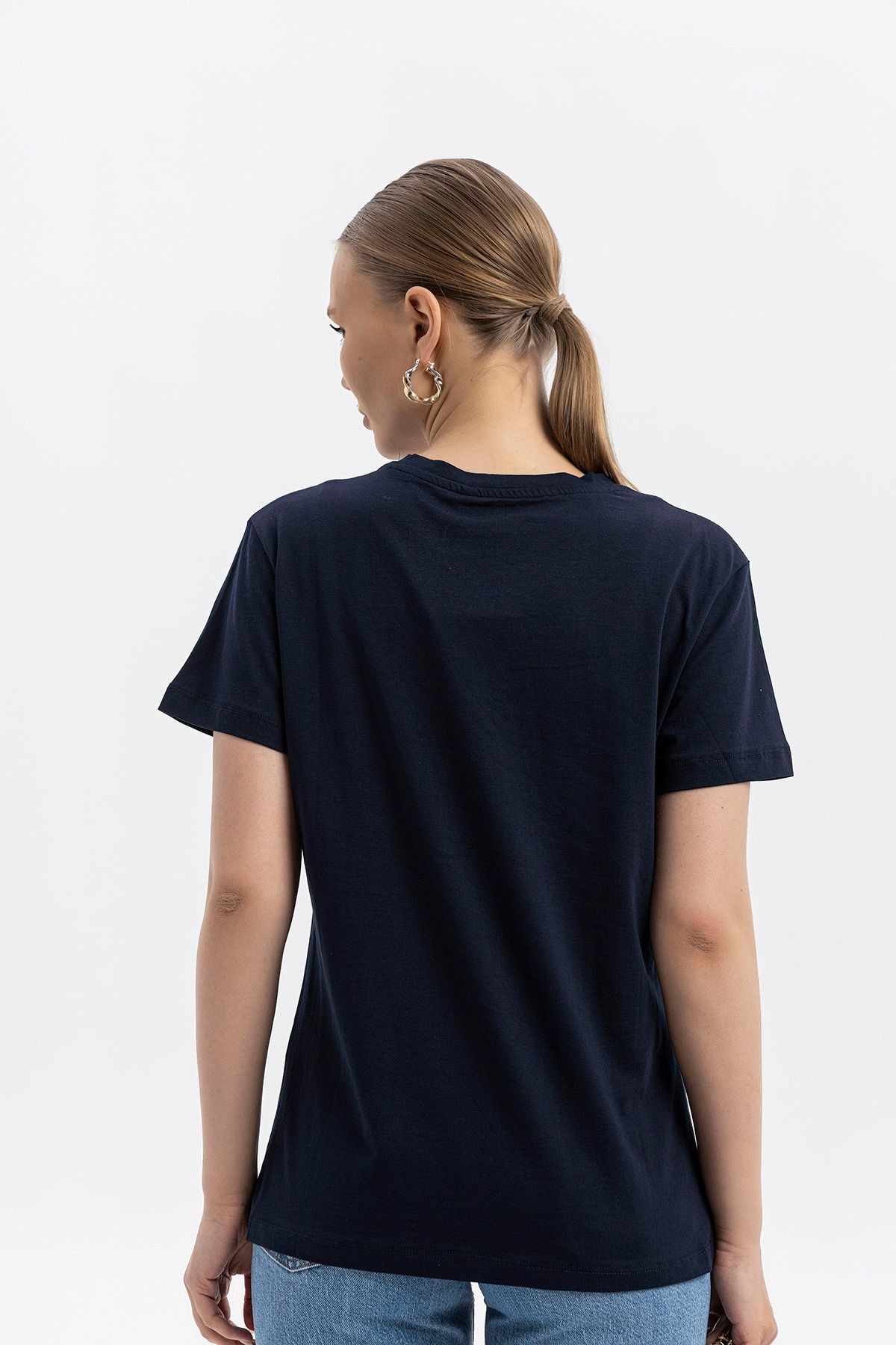 Bisiklet yaka Pamuklu normal fit Basic Kısakol T-shirt LACİVERT