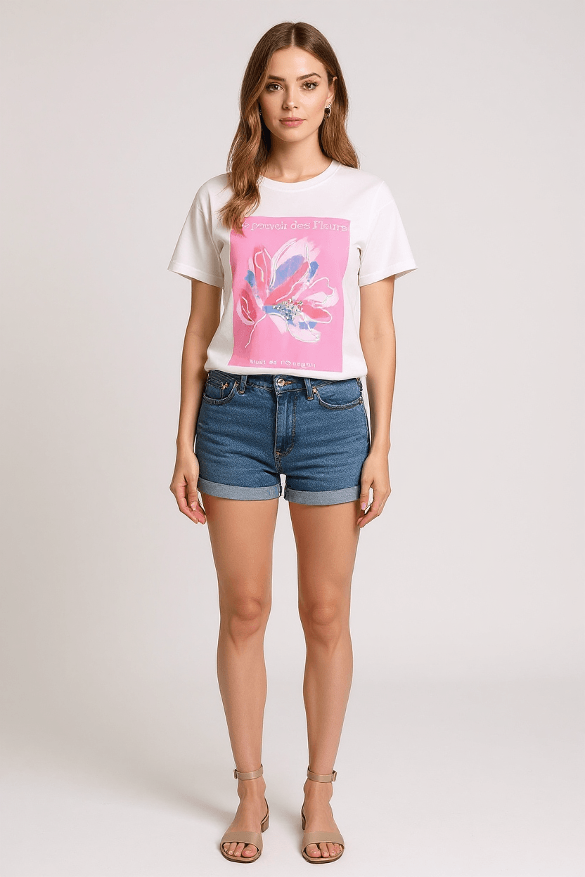 100% Pamuklu T-shirt Bisiklet yaka Flower Baskılı Taş süslemeli