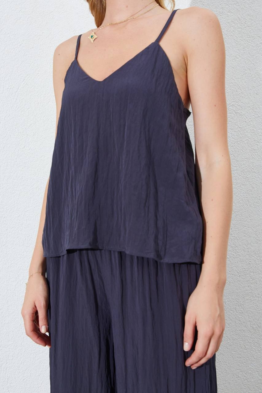 İnce Askılı Bluz-Pantolon Takım Kırışık Relaxed Fit