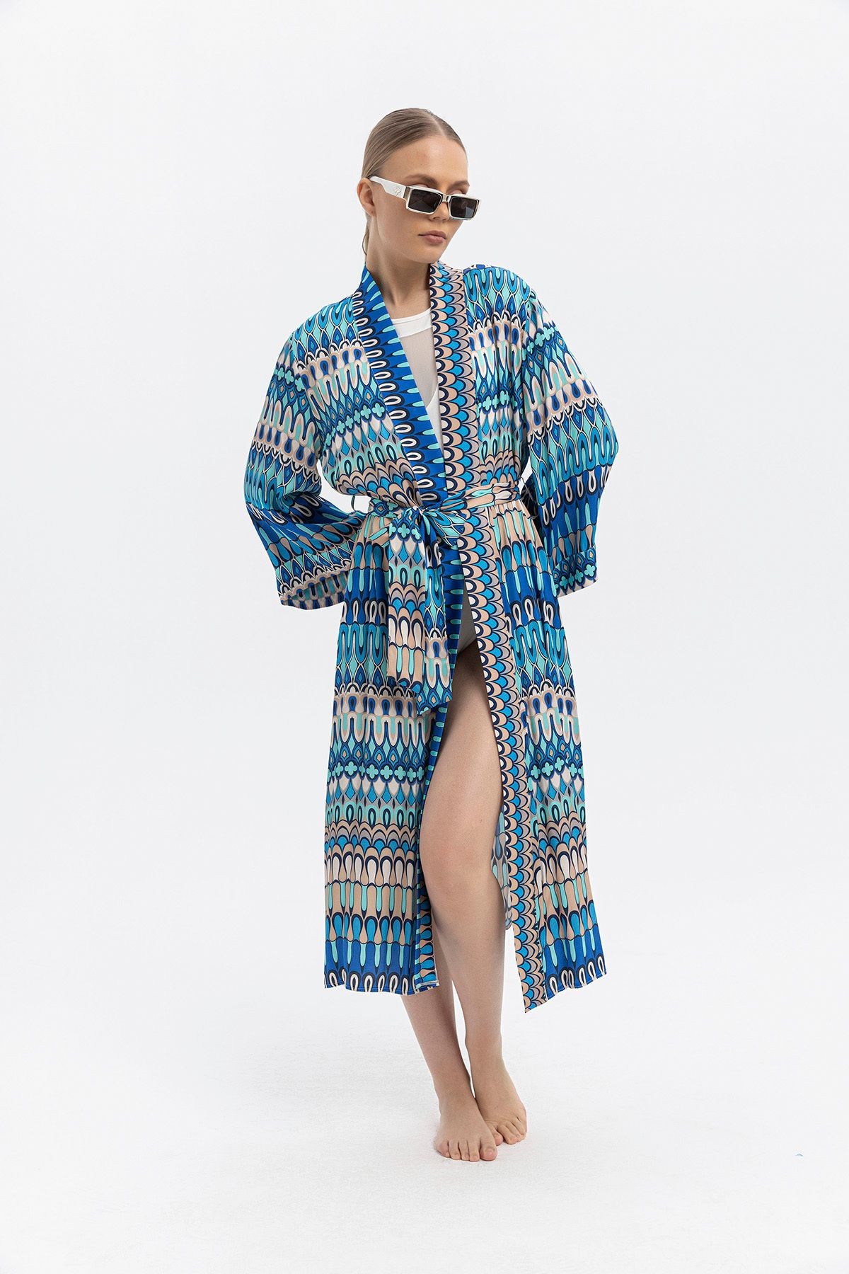 %100 Viskon Desenli Saten Premium Kimono – Kuşaklı & Uzun