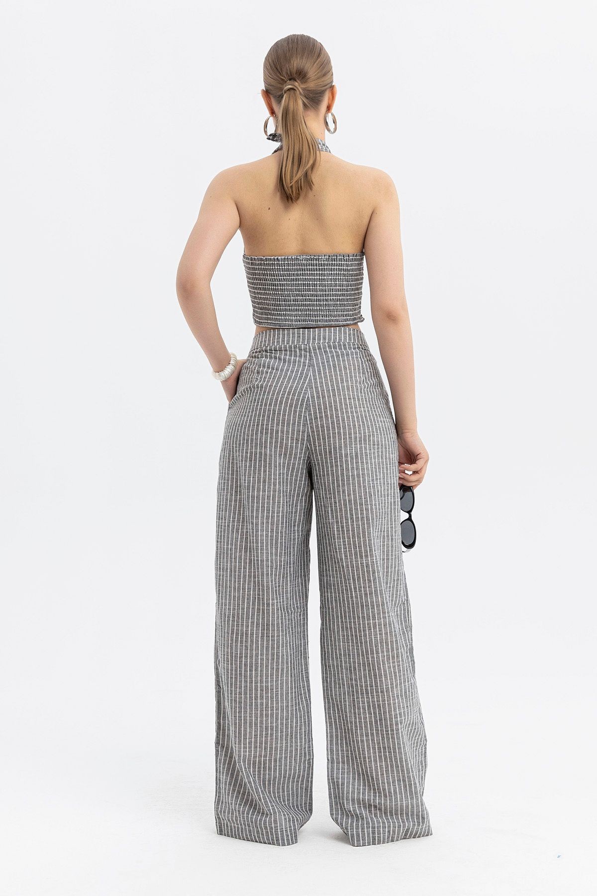 Pamuklu, Keten görünümlü, Çizgili Crop-Pantolon Takım-Metal halka ve kuşak ile boyundan bağlamalı