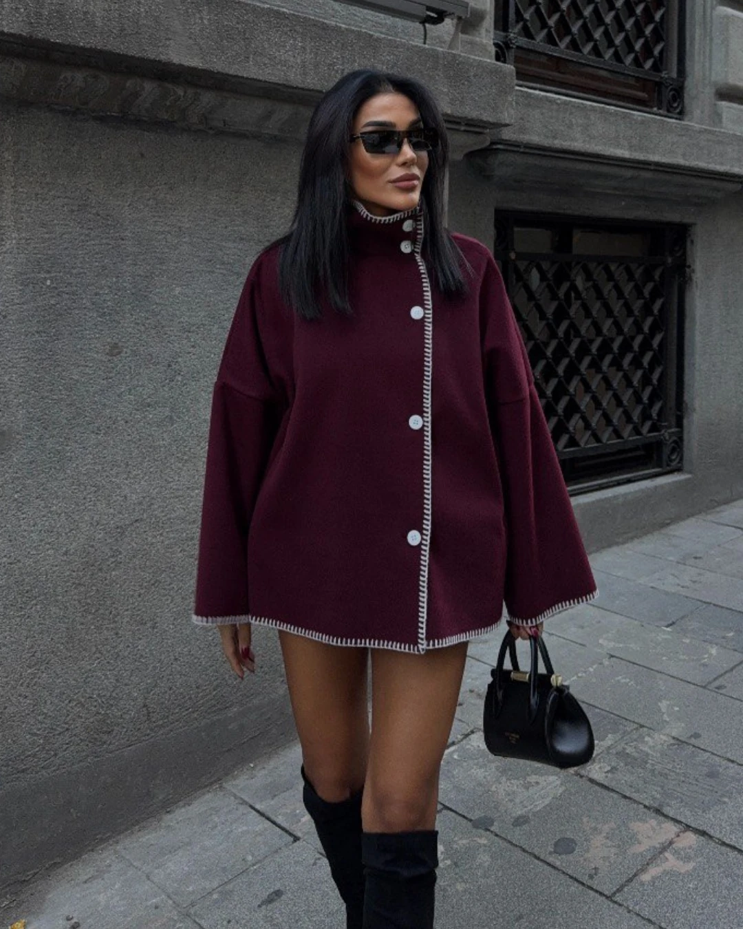 Dik Yaka Kaşe Ceket Dikiş Detaylı  - Bordo