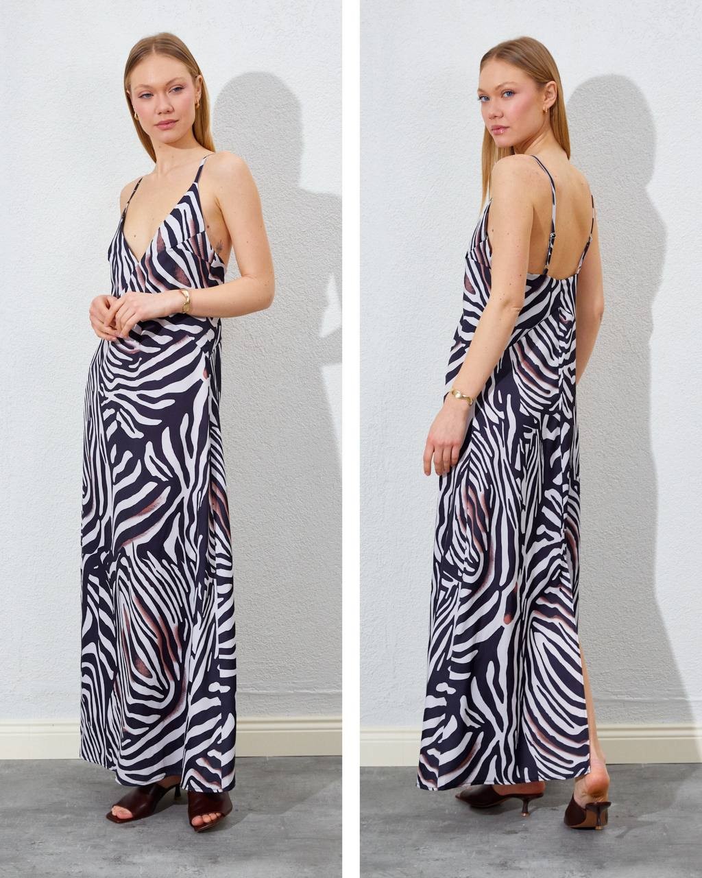 İnce Askılı Saten Elbise-Zebra desenli